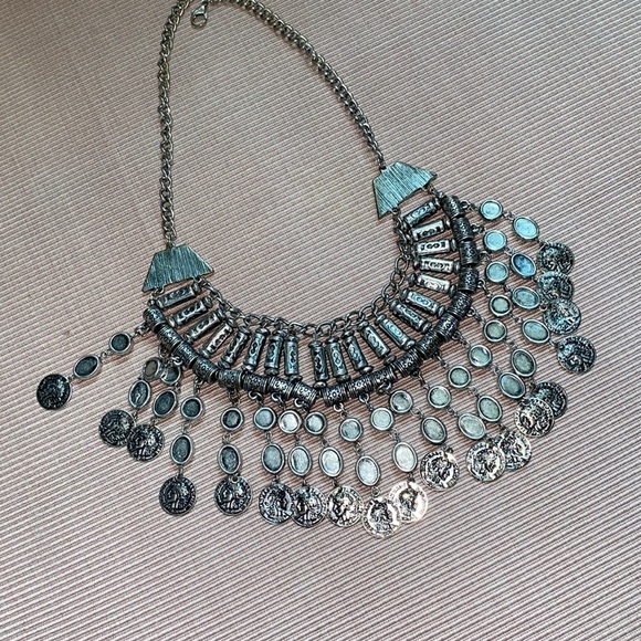 Silver Chunky Bib Necklace with Distinctive Dangling Elements - Picture 3 of 5